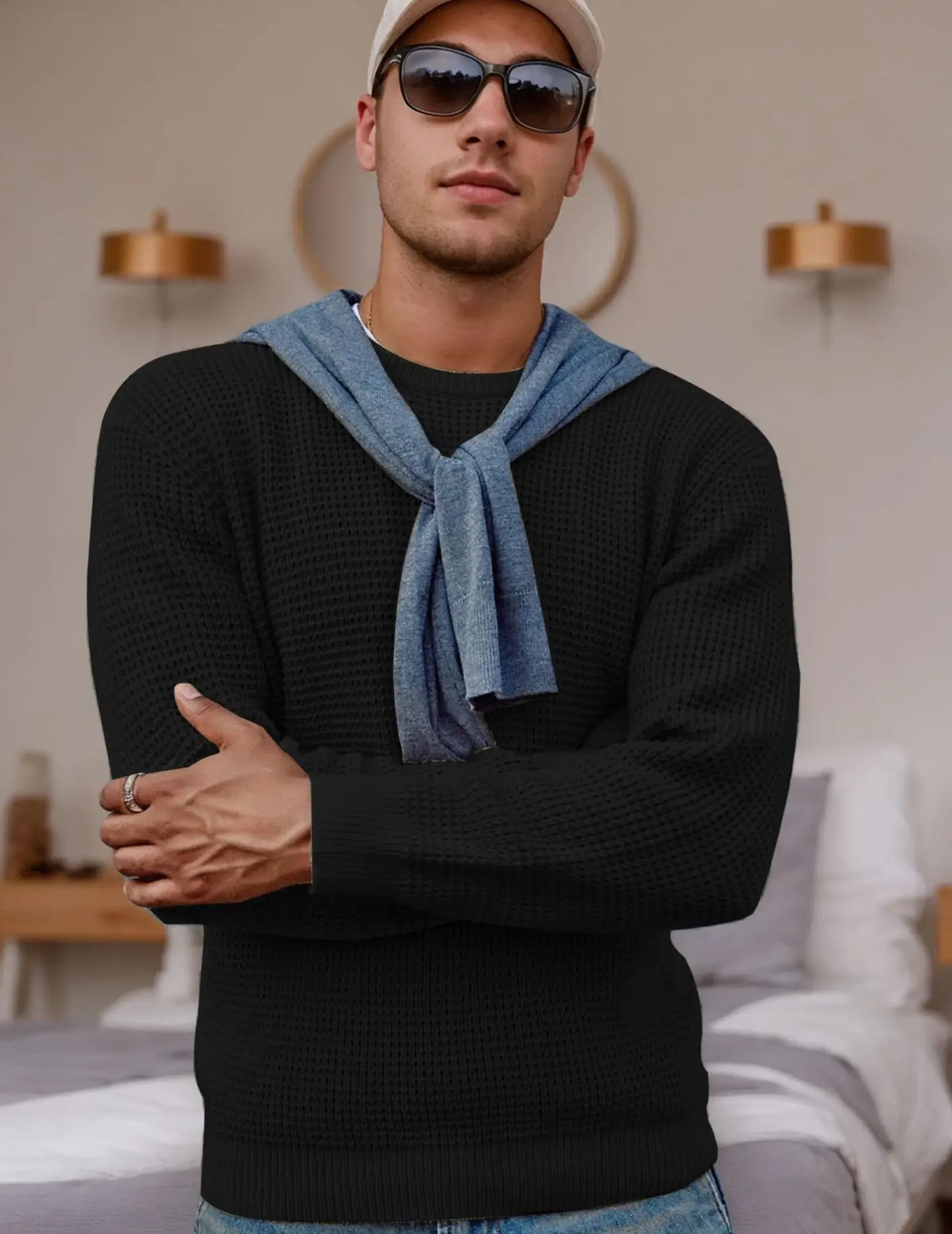 Men's Thick Waffle Knit Sweater for Ultimate Warmth