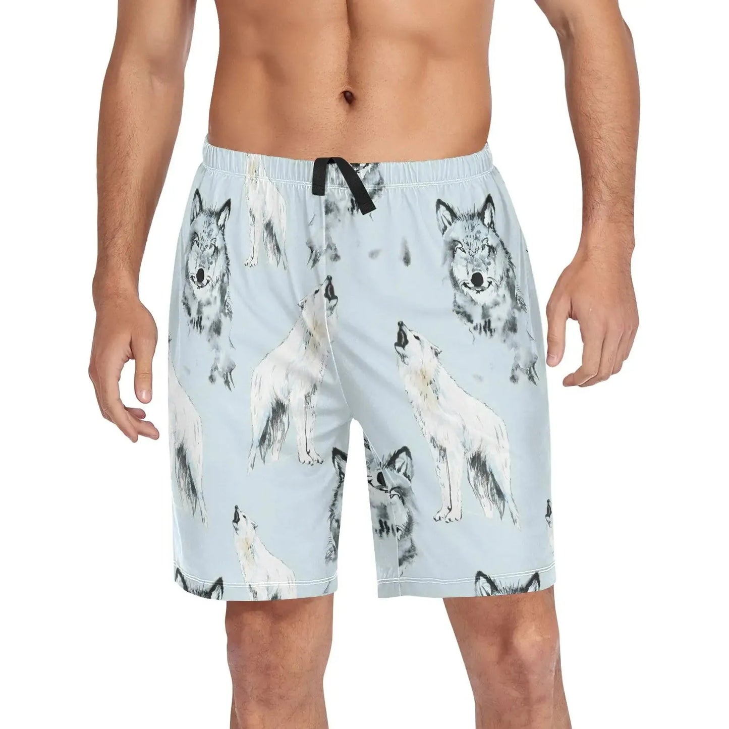 Howling Wolf Pajama Shorts for Men with Pockets