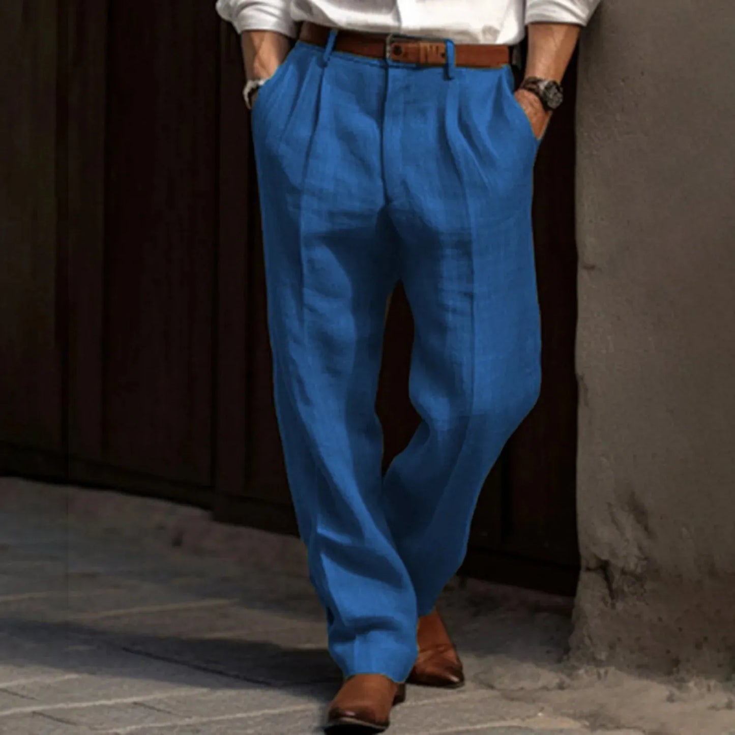 Man Pants Casual pantalones hombre Front Pocket Wide Leg Pants Elastic Waist Belt Loose Comfortable breathable Daily Pants - Pylnam
