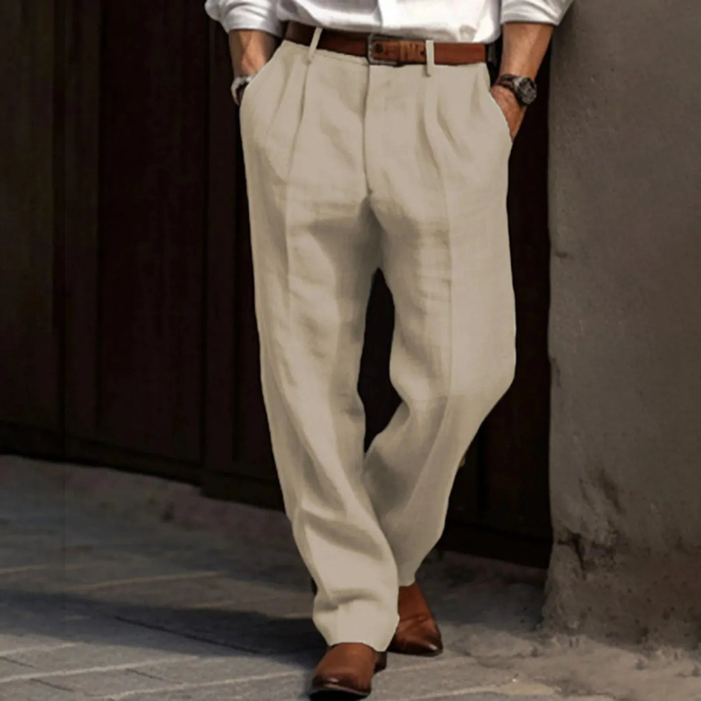 Man Pants Casual pantalones hombre Front Pocket Wide Leg Pants Elastic Waist Belt Loose Comfortable breathable Daily Pants - Pylnam