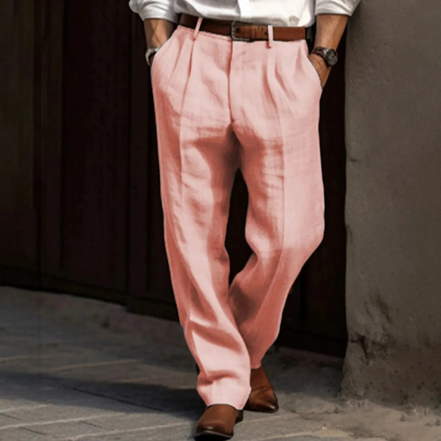 Man Pants Casual pantalones hombre Front Pocket Wide Leg Pants Elastic Waist Belt Loose Comfortable breathable Daily Pants - Pylnam