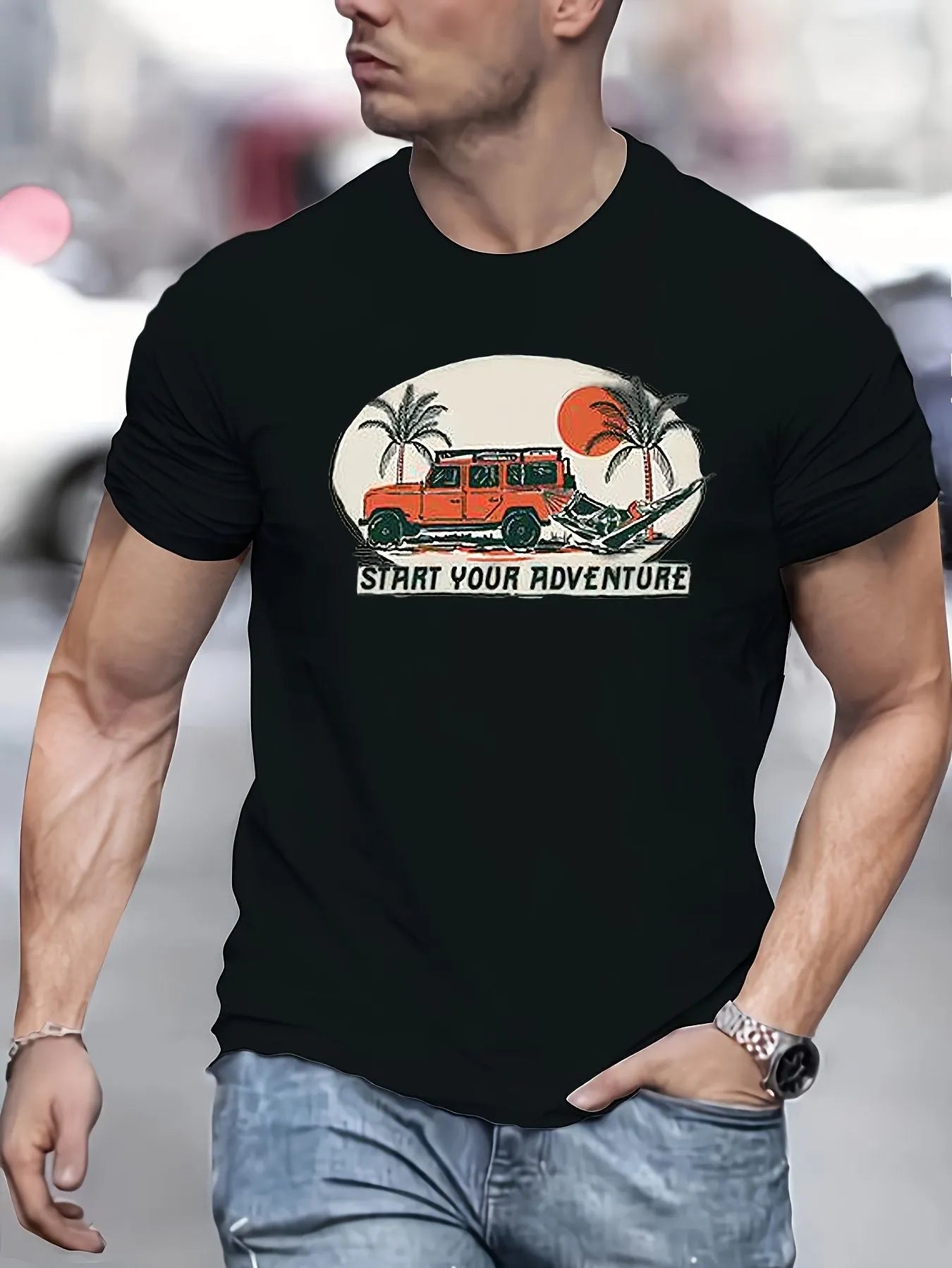 Men's Adventure Pattern Novelty T-shirt - Casual Round Neck Polyester Fiber Blended Short Sleeve T-shirt - Pylnam