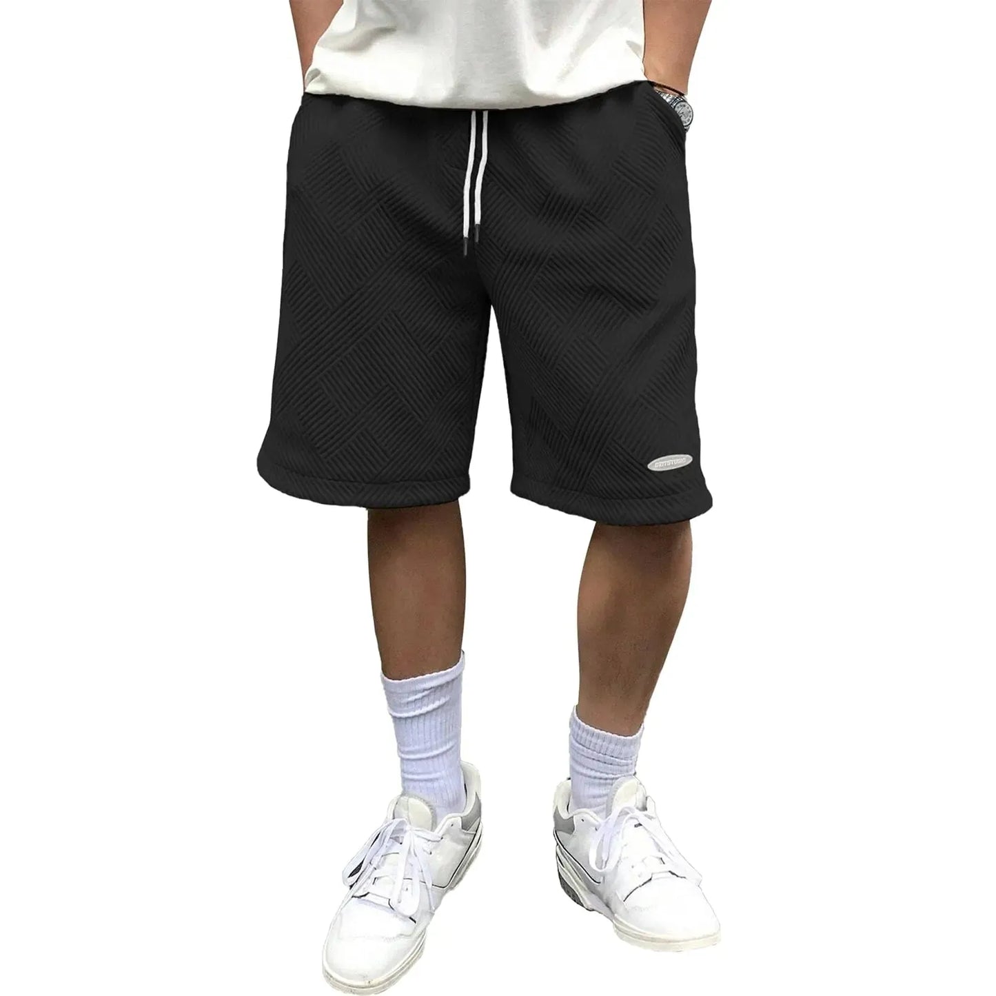 Mens Shorts Casual Beach Shorts for Men Geometric Texture Shorts Mens Golf Shorts Small Black - Pylnam