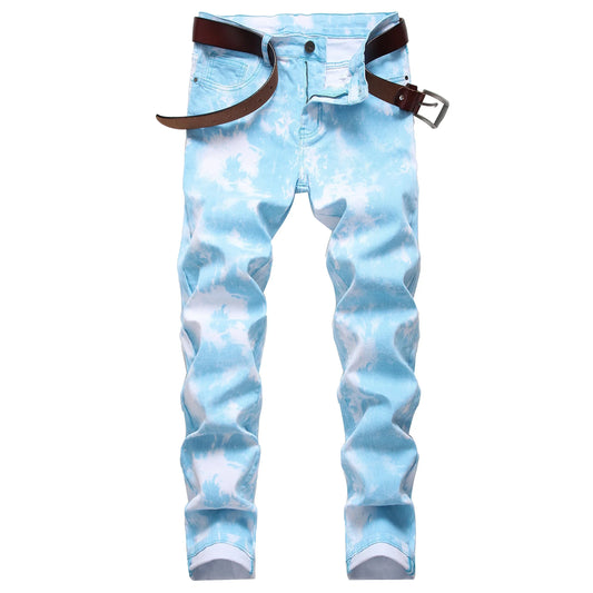 Blue Printed Men's Stretch Skinny Jeans for Comfort - Pylnam
