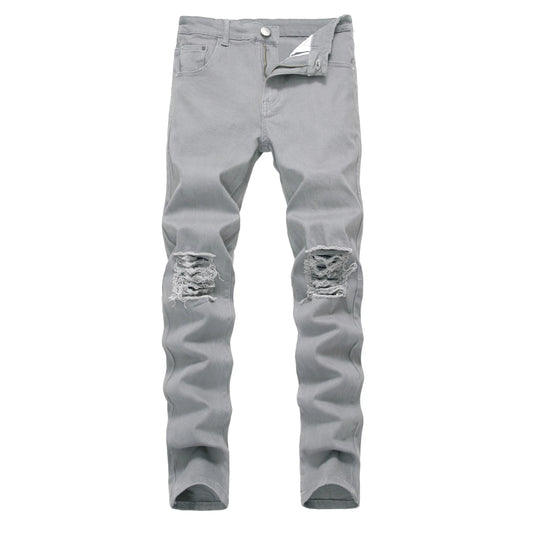 Men's Gray Casual Slim Fit Jeans, Ripped Decoration Fashion Jeans 577 - Pylnam