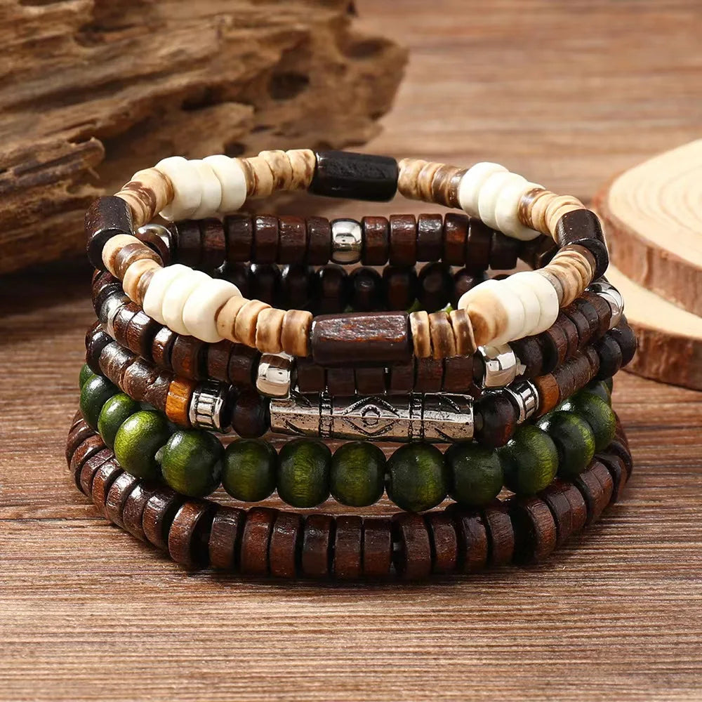 Vintage Bronze Ethnic Leather Bracelets Set with Wood Beads and Feather Charm for Men and Women - Pylnam