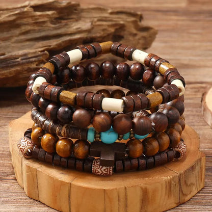 Vintage Bronze Ethnic Leather Bracelets Set with Wood Beads and Feather Charm for Men and Women - Pylnam