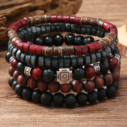 Vintage Bronze Ethnic Leather Bracelets Set with Wood Beads and Feather Charm for Men and Women - Pylnam