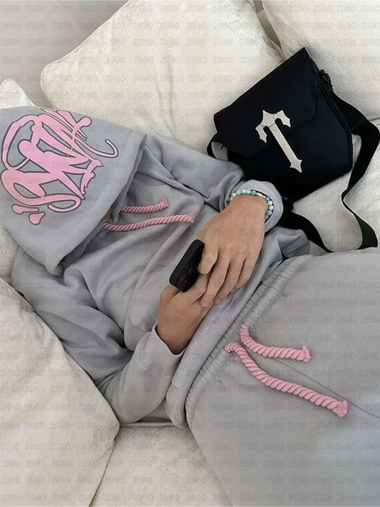 Y2k Trousers Casual Loose Cotton Printed Tracksuit Street Men Hoodies Straight Pants 2 Piece Set Hip Hop Sports Hooded Pullover - Pylnam