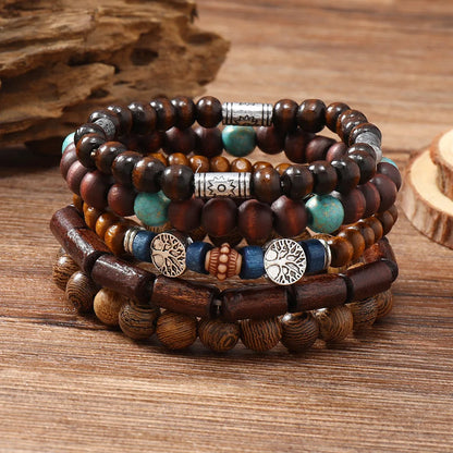 Vintage Bronze Ethnic Leather Bracelets Set with Wood Beads and Feather Charm for Men and Women - Pylnam