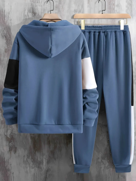 Men's clothing, two-piece contrasting long sleeved zipper hooded jacket and drawstring pants, suitable for outdoor wear - Pylnam