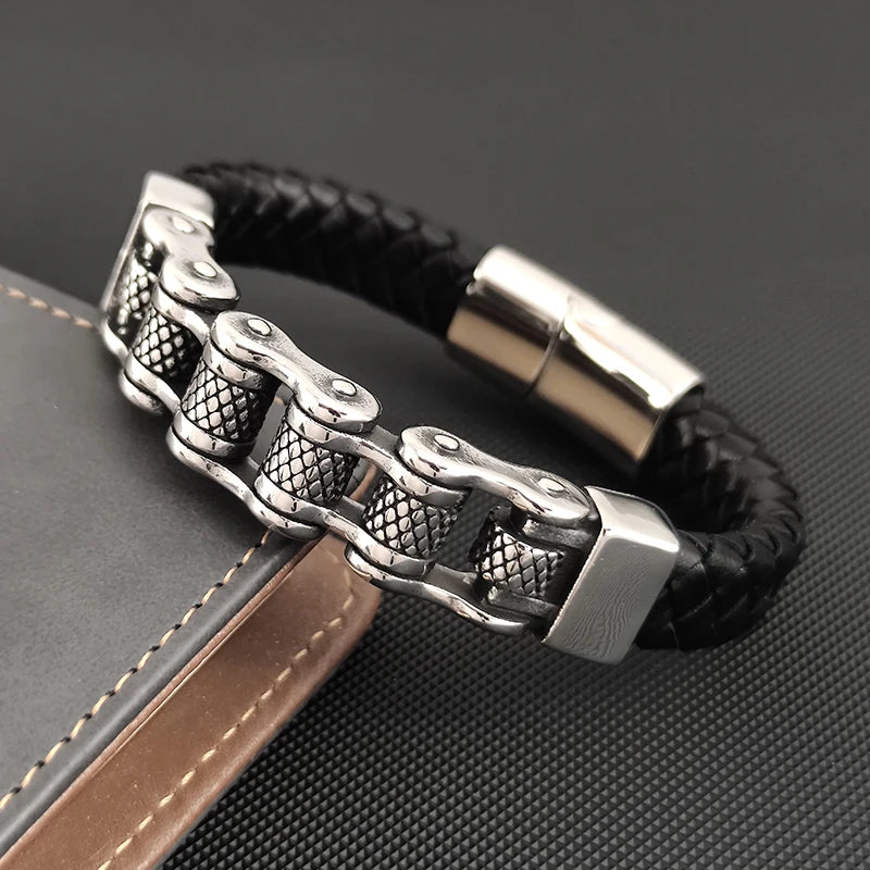 Punk-Inspired Classic Leather and Stainless Steel Multi-Layer Bracelet for Men with Magnetic Clasp - Pylnam