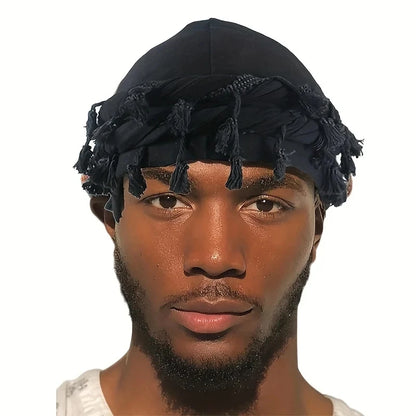 Unisex Cotton Bandana Beanie Cap with Punk Burr Trim and Twisted Tail Fringe - Casual Solid Color Docker Hat for All Seasons 2024 - Pylnam