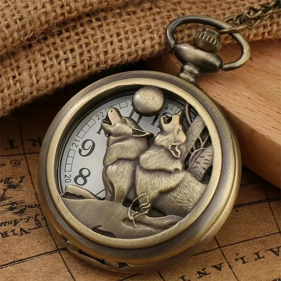 Vintage Bronze Exquisite Cool Wolf Carved Quartz Pocket Watch Necklace Watch Pendant Pocket Watch Unisex Timepiece - Pylnam