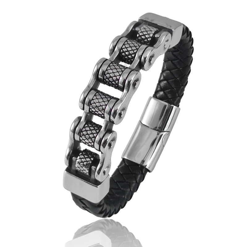 Punk-Inspired Classic Leather and Stainless Steel Multi-Layer Bracelet for Men with Magnetic Clasp - Pylnam