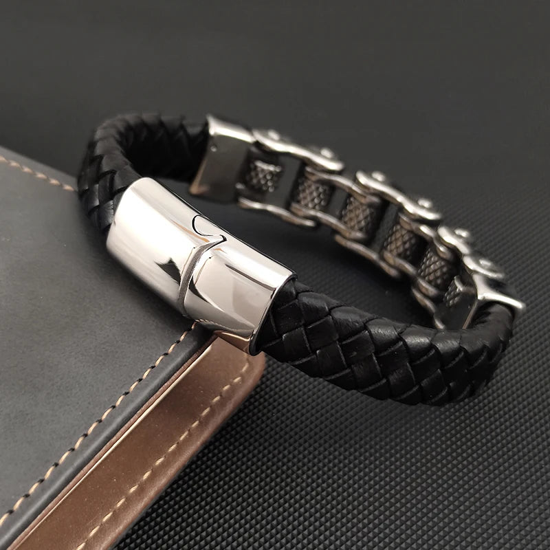 Punk-Inspired Classic Leather and Stainless Steel Multi-Layer Bracelet for Men with Magnetic Clasp - Pylnam