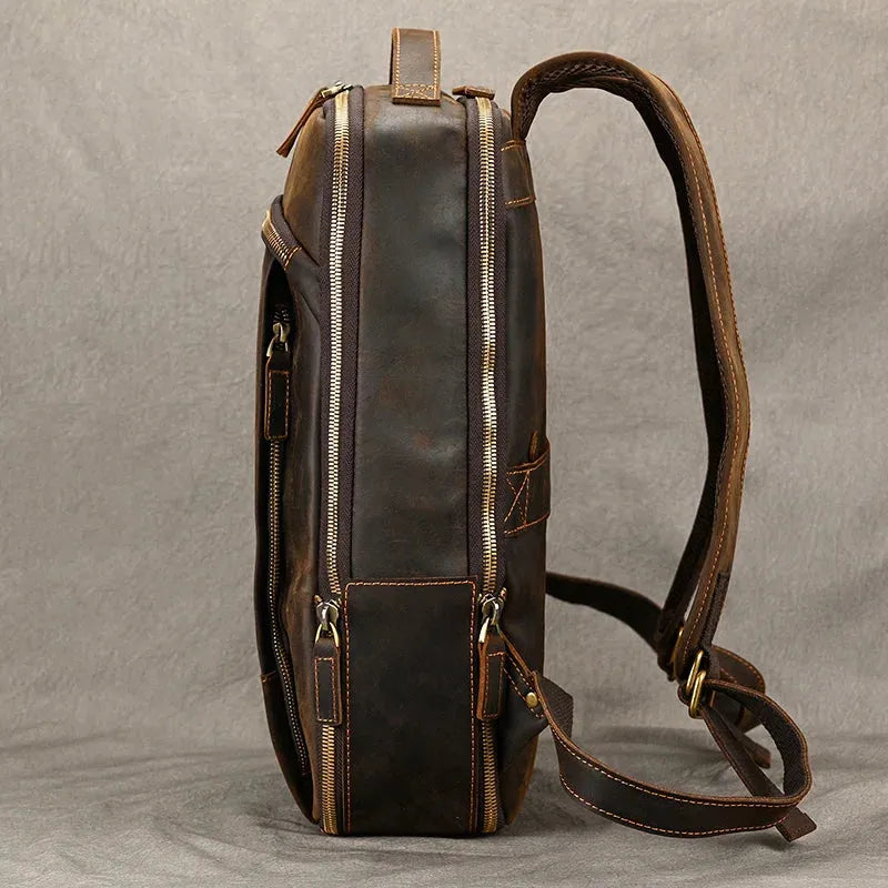 Vintage Travel Backpack leather double zipper bagpack male crazy horse leather backpack handmade leather travel bag men bag - Pylnam