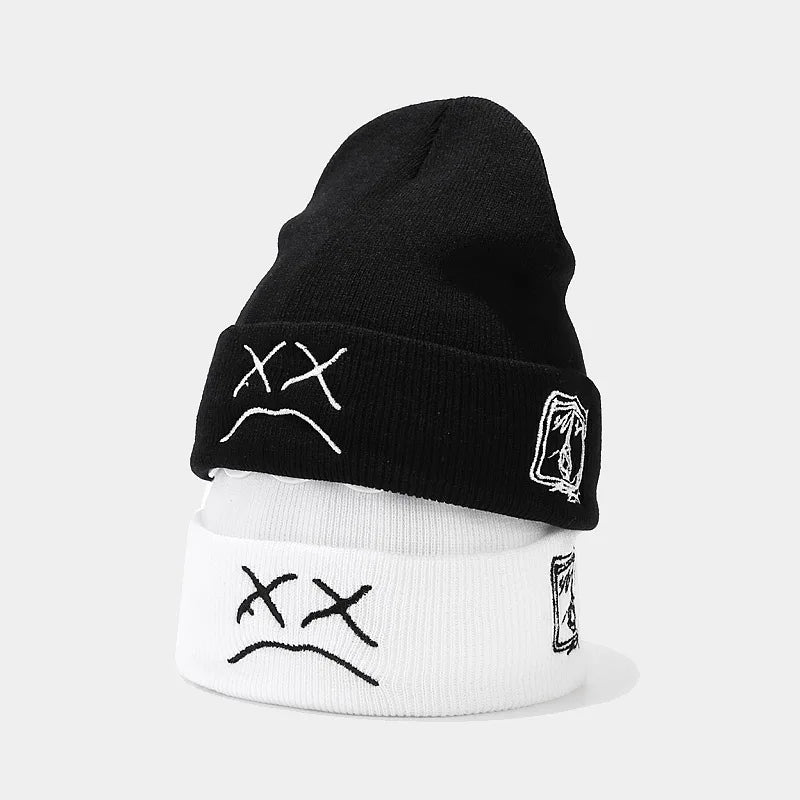 Beanie Knitted Hat hip-hop style Embroidered Knitted hat with sad Expression Warm Woolen hat for men and women - Pylnam