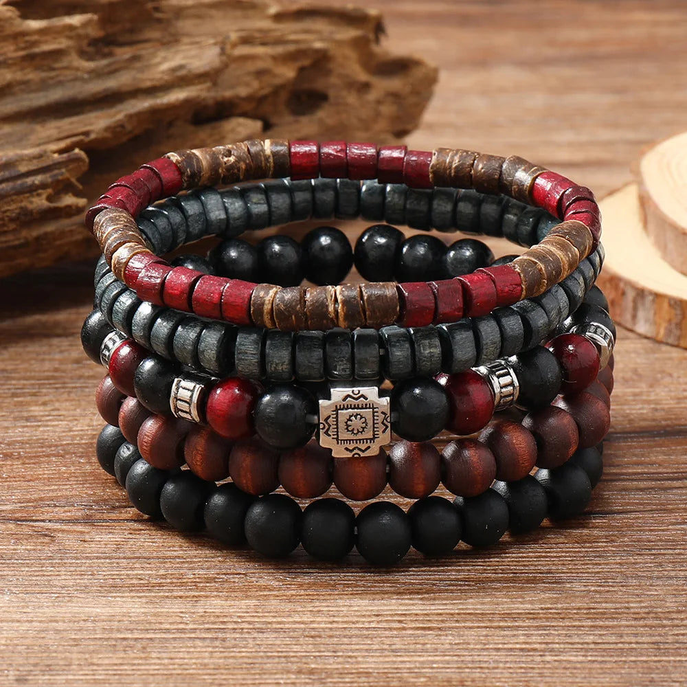 Vintage Bronze Ethnic Leather Bracelets Set with Wood Beads and Feather Charm for Men and Women - Pylnam