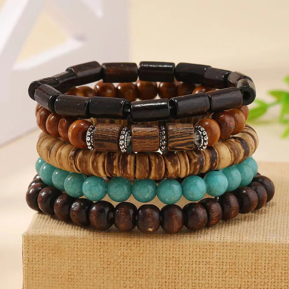 Vintage Bronze Ethnic Leather Bracelets Set with Wood Beads and Feather Charm for Men and Women - Pylnam