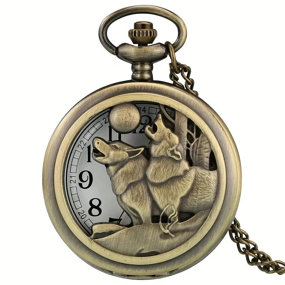 Vintage Bronze Exquisite Cool Wolf Carved Quartz Pocket Watch Necklace Watch Pendant Pocket Watch Unisex Timepiece - Pylnam