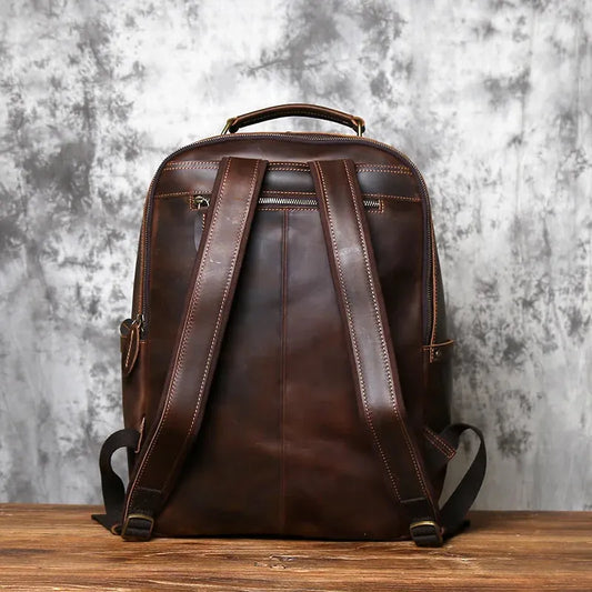 NZPJ Retro Genuine Leather Men's Backpack Large Capacity Head Layer Leather Backpack Casual Crazy Horse Leather Laptop Bag - Pylnam