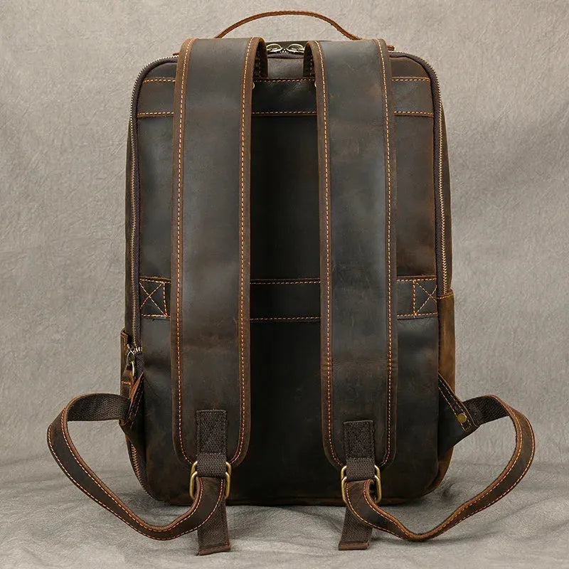 Vintage Travel Backpack leather double zipper bagpack male crazy horse leather backpack handmade leather travel bag men bag - Pylnam