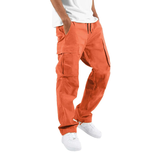 High Waist Orange Cargo Pants for Men with Pockets