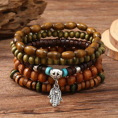 Vintage Bronze Ethnic Leather Bracelets Set with Wood Beads and Feather Charm for Men and Women - Pylnam