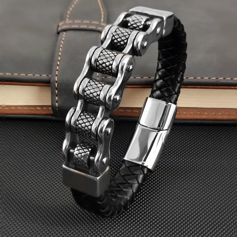 Punk-Inspired Classic Leather and Stainless Steel Multi-Layer Bracelet for Men with Magnetic Clasp - Pylnam