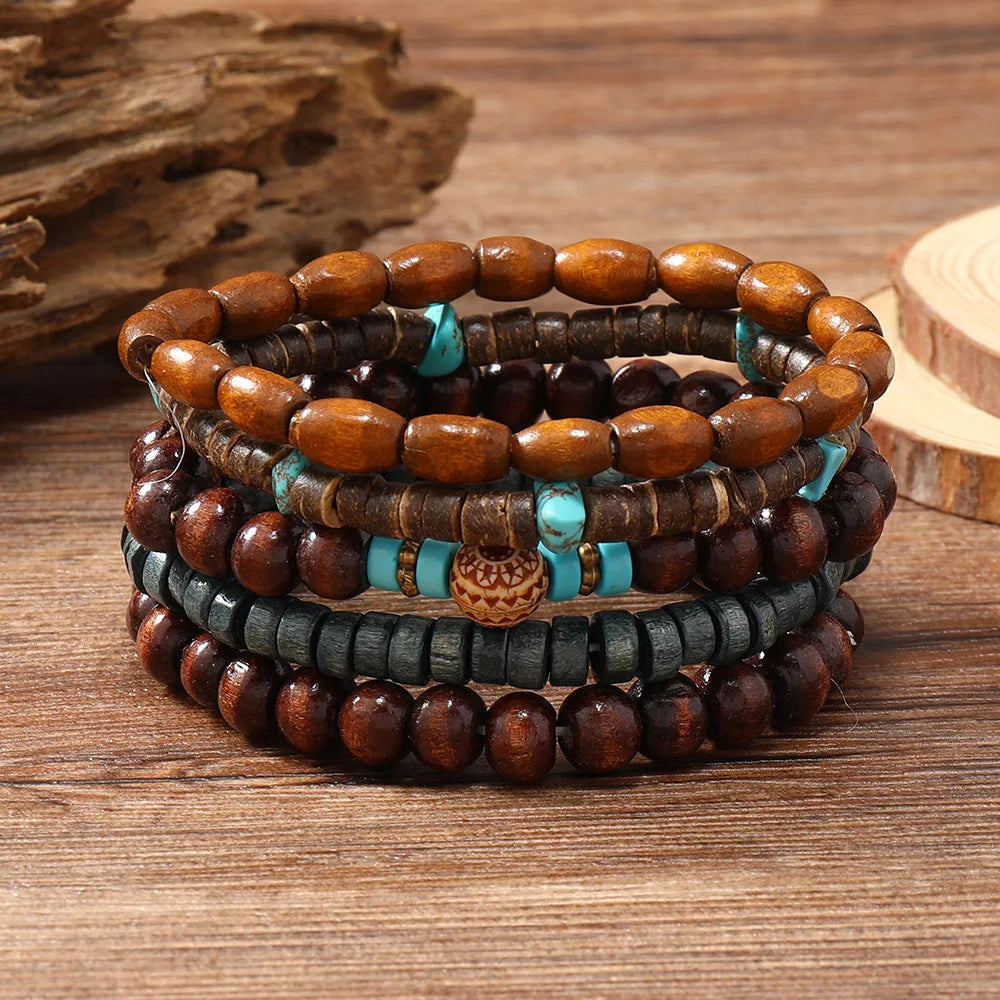 Vintage Bronze Ethnic Leather Bracelets Set with Wood Beads and Feather Charm for Men and Women - Pylnam