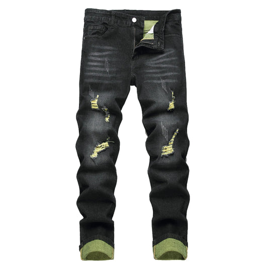 Men's Black Jeans Elastic Black Cattle Destroyed Jeans Long Pants For Casual Outings, Parties, And Dates 515-1 - Pylnam