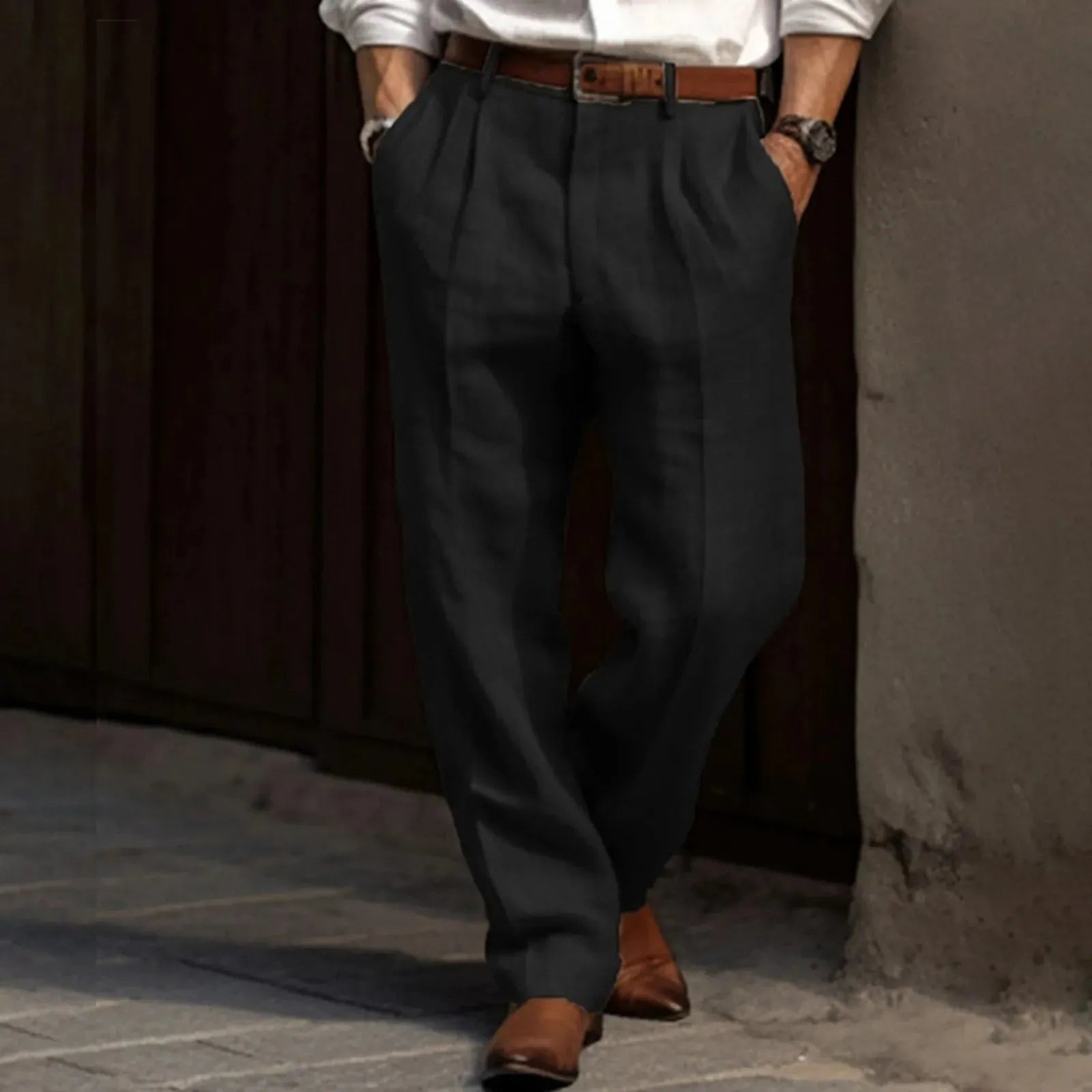 Man Pants Casual pantalones hombre Front Pocket Wide Leg Pants Elastic Waist Belt Loose Comfortable breathable Daily Pants - Pylnam