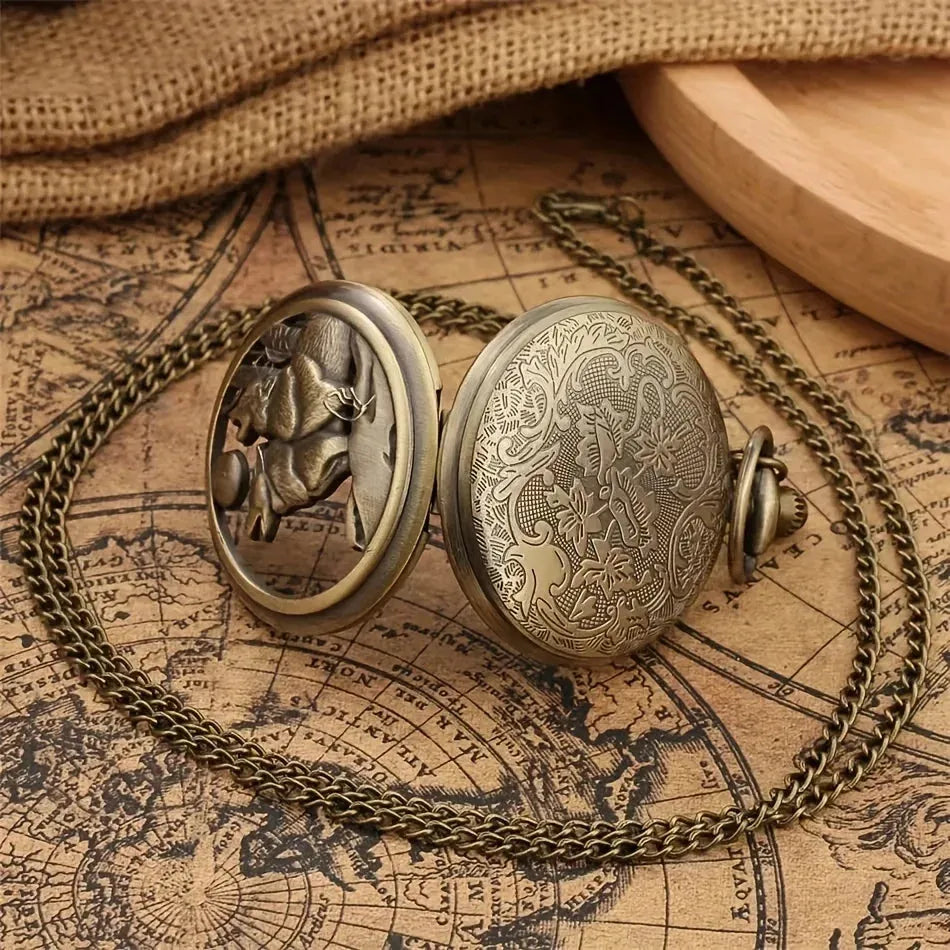 Vintage Bronze Exquisite Cool Wolf Carved Quartz Pocket Watch Necklace Watch Pendant Pocket Watch Unisex Timepiece - Pylnam