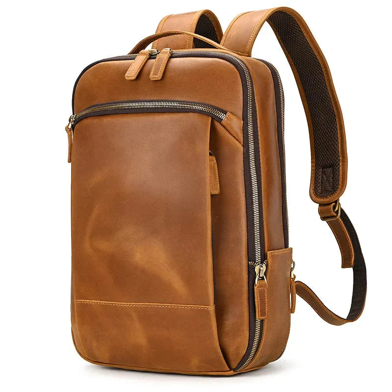 Vintage Travel Backpack leather double zipper bagpack male crazy horse leather backpack handmade leather travel bag men bag - Pylnam