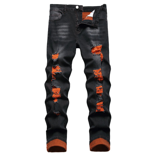 Men's black distressed jeans Men's orange distressed long pants Casual party stretch denim long pants 511 - Pylnam