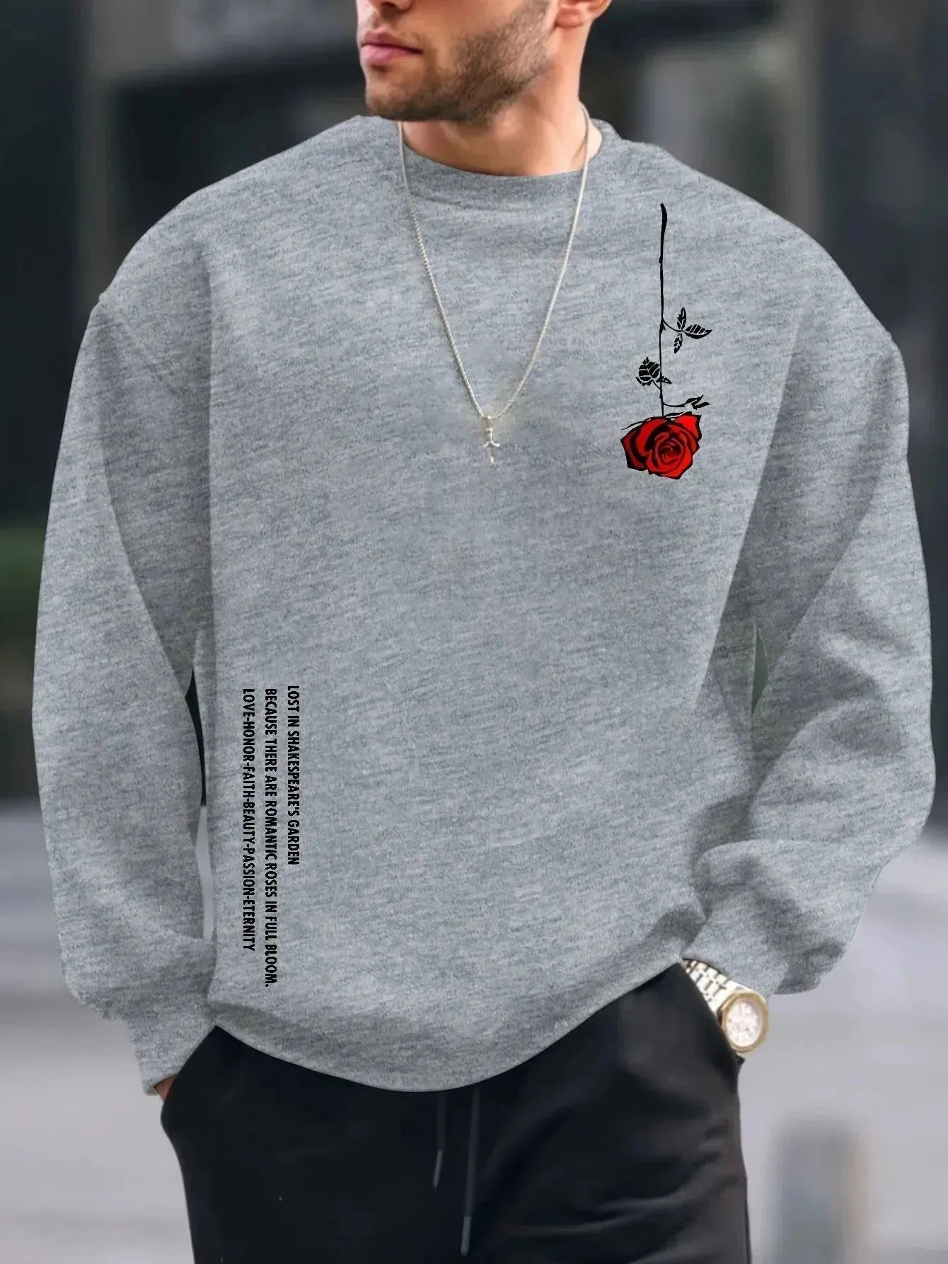 Chic Men's Floral Rose Fleece Pullover for Cozy Fall/Winter Style