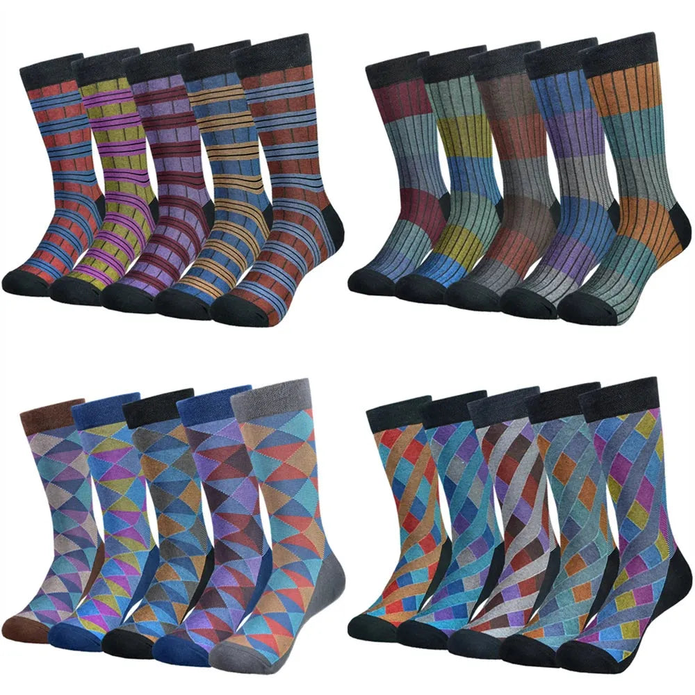 5Pairs Men's Colored Cotton Socks, Casual and Happy Dress Socks, Fashionable socks, Suitable for all seasons - Pylnam