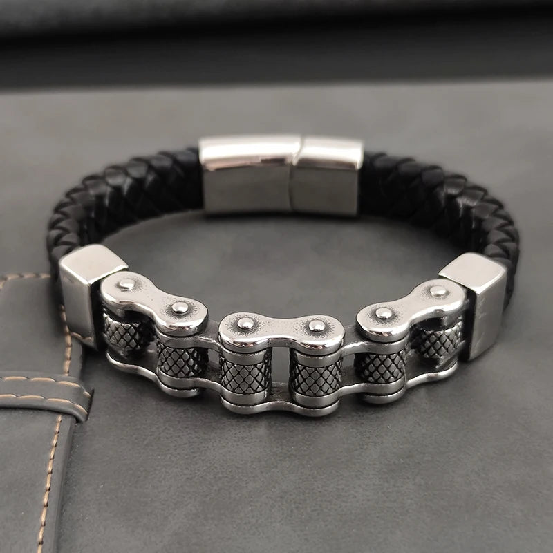 Punk-Inspired Classic Leather and Stainless Steel Multi-Layer Bracelet for Men with Magnetic Clasp - Pylnam