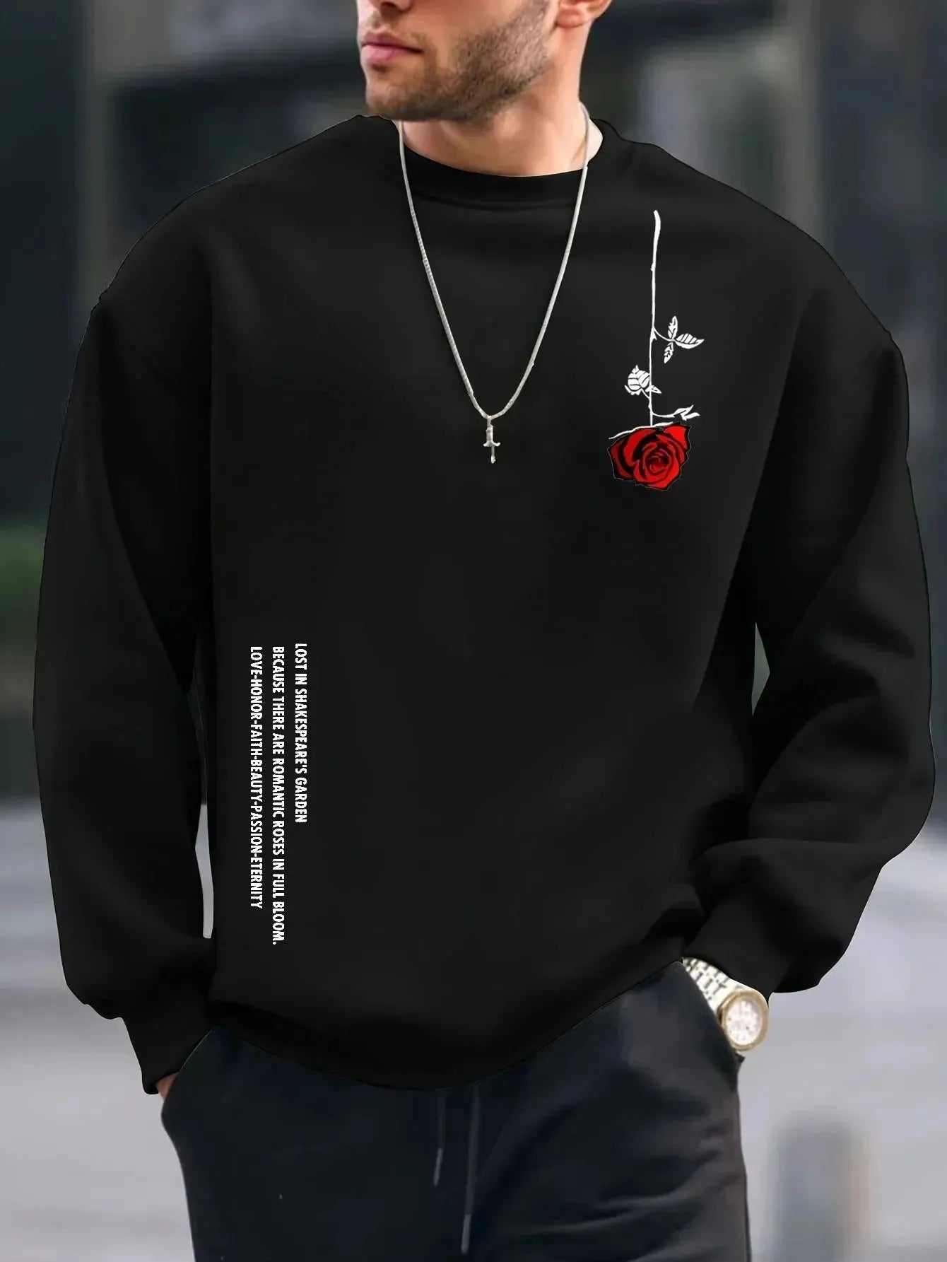 Chic Men's Floral Rose Fleece Pullover for Cozy Fall/Winter Style