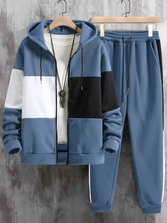 Men's clothing, two-piece contrasting long sleeved zipper hooded jacket and drawstring pants, suitable for outdoor wear - Pylnam