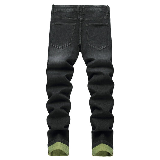 Men's Black Jeans Elastic Black Cattle Destroyed Jeans Long Pants For Casual Outings, Parties, And Dates 515-1 - Pylnam