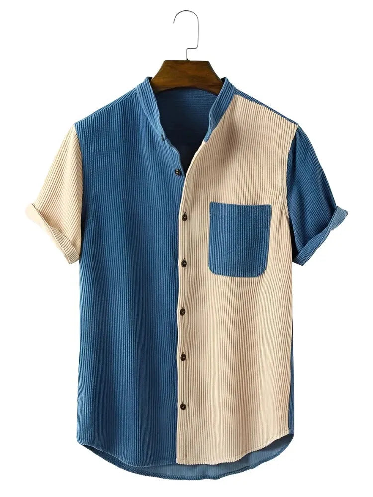 Chic Striped Corduroy Short Sleeve Shirt - Pylnam