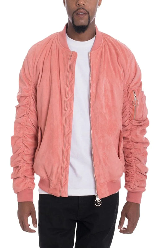 Coral Pink Faux Suede Stylish Bomber Jacket - Pylnam