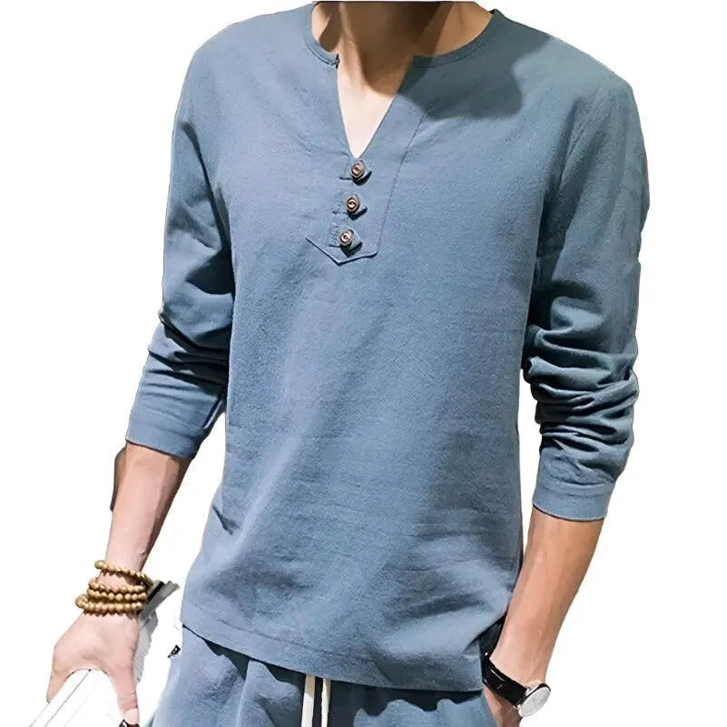 Cotton Long Sleeve T-shirt with Three Button Detail - Pylnam