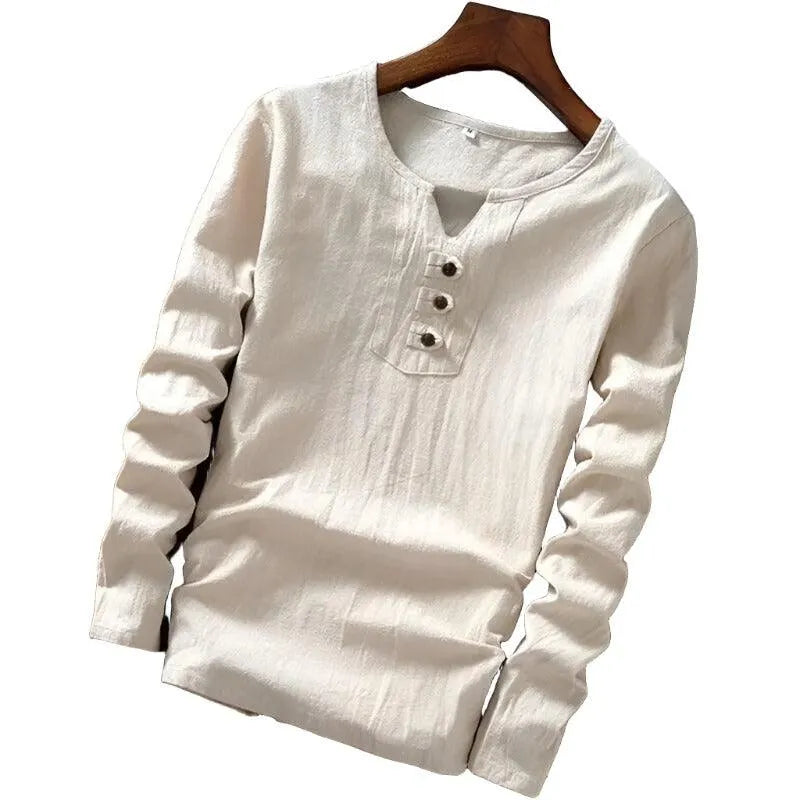 Cotton Long Sleeve T-shirt with Three Button Detail - Pylnam