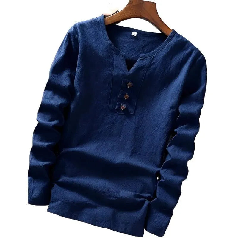 Cotton Long Sleeve T-shirt with Three Button Detail - Pylnam