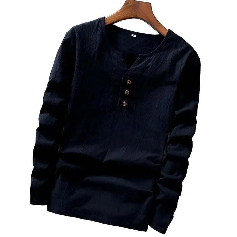 Cotton Long Sleeve T-shirt with Three Button Detail - Pylnam