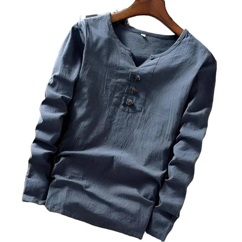 Cotton Long Sleeve T-shirt with Three Button Detail - Pylnam