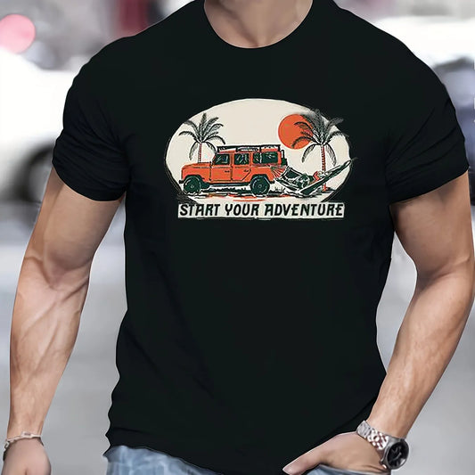 Men's Adventure Pattern Novelty T-shirt - Casual Round Neck Polyester Fiber Blended Short Sleeve T-shirt - Pylnam